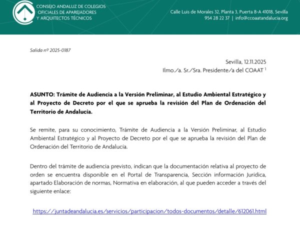 Abierto el Trámite de Audiencia de la revisión del POTA en Andalucía