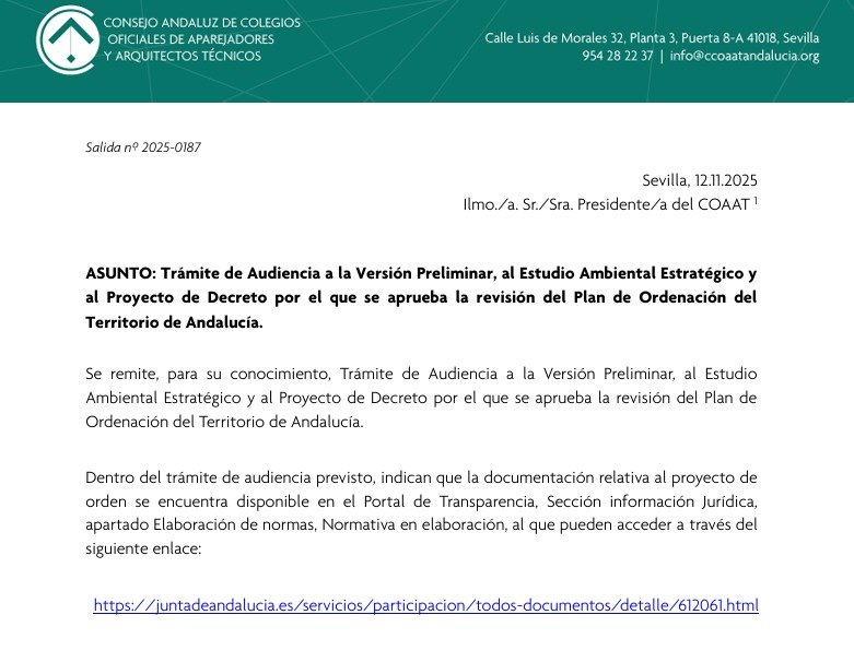 Abierto el Trámite de Audiencia de la revisión del POTA en Andalucía