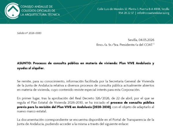 Abierta la consulta pública para la revisión del Plan VIVE Andalucía y nuevas ayudas al alquiler