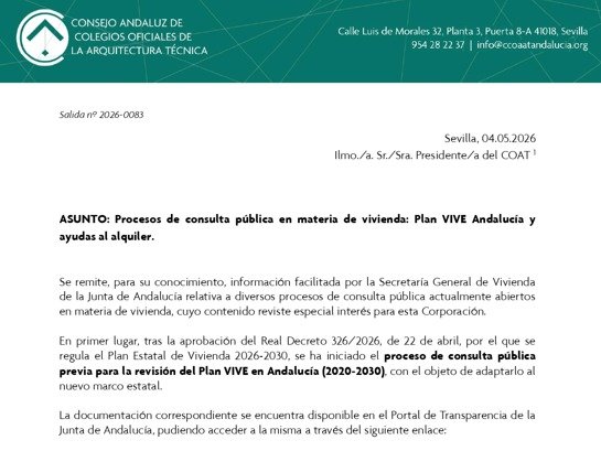 Abierta la consulta pública para la revisión del Plan VIVE Andalucía y nuevas ayudas al alquiler